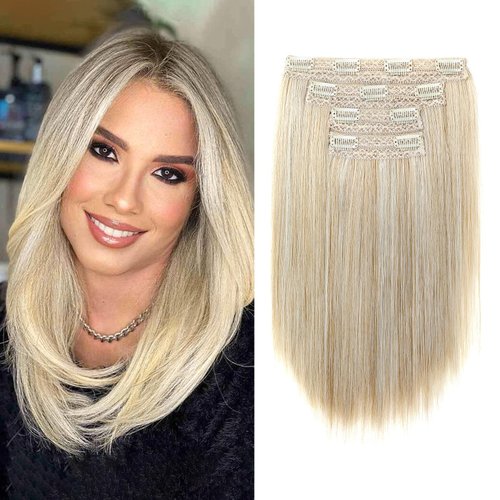 NTYNTY Hair Extensions, 14" Short Clip in Hair Extensions 4PCS Straight Blonde Hair Extensions Natural Soft Synthetic Hairpiece for Women - Ash Blonde with Highlights