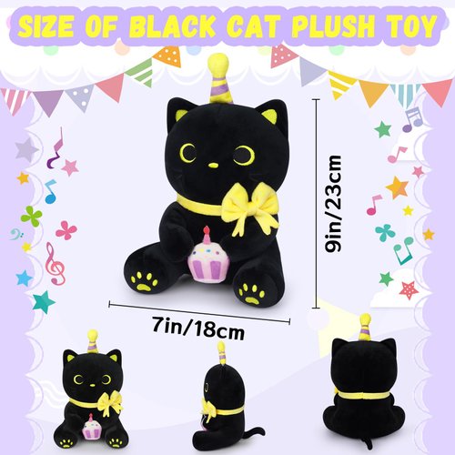 Prewplam Black Cat Plush Toys, 8" Kawaii Cat Stuffed Animal, Cute Happy Birthday Black Cat Plushies, Soft Stuffed Cat Birthday Plush Doll Gift for Kids Christmas Birthday