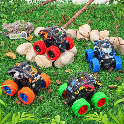 SevenQ Monster Truck Toys Cars for Boys, 4 Pack Race Cars Party Favors for Kids Push and Go Flip Stunt Pull Back Cars, Toddler Toys Classroom Prizes Christmas Goodie Bag Stuffers Birthday Gifts