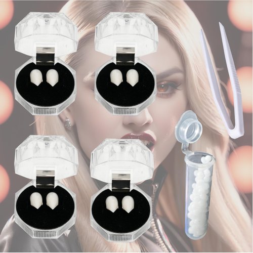 LAUDAWSUN 4 Pairs Halloween Vampire Fangs with Adhesive Beads, Realistic Fake Teeth for Cosplay and Costume Parties, Comes with Storage Case and Tweezers for Halloween, Themed Events