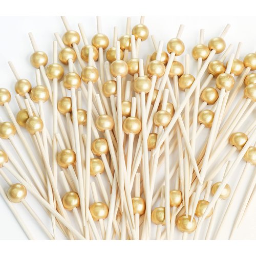 SEANSDA 200PCS Cocktail Picks, Fancy Toothpicks for Appetizers, Decorative Skewers for Appetizers Drinks Party Fruit, 4.7 Inch Long Wooden Bamboo Gold Ball Food Sticks Charcuterie Boards Accessories