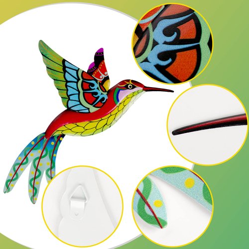 4 Pack Metal Hummingbird Wall Art Decor Metal Colorful Birds 3D Outdoor Sculpture Iron Outdoor Hanging Decor Ornaments Metal Hand-made Bird Wall Art Fence Decorations for Living Room Patio Balcony