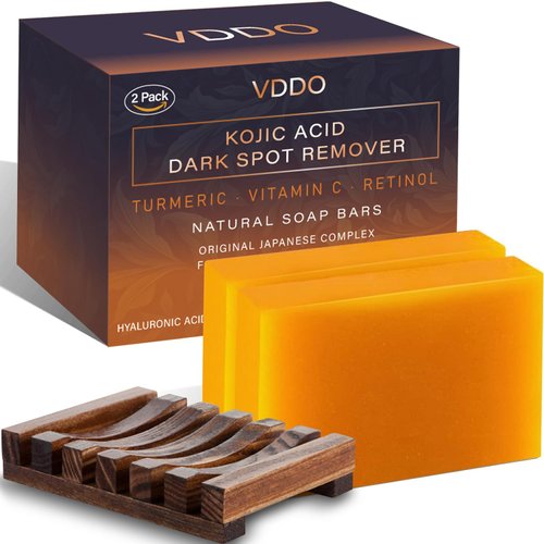 VDDO-Kojic-Acid-Soap, Turmeric Soap for Dark spots with Vitamin C, Vitamin E,Retinol, Collagen, Turmeric - Original,Olive Oil,Hyaluronic Acid for Reduces Dark Spots 105g*2Pack With Holder
