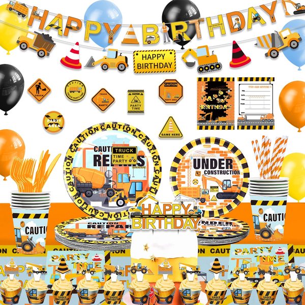 Construction Birthday Party Supplies, 207 Pcs Dump Truck Party Decoration For Boys Kids Birthday Party,Banner, Cake and Cupcake Toppers, Forks, Knives, Spoons, Straws, Cups, Napkins Serves 16 Guests