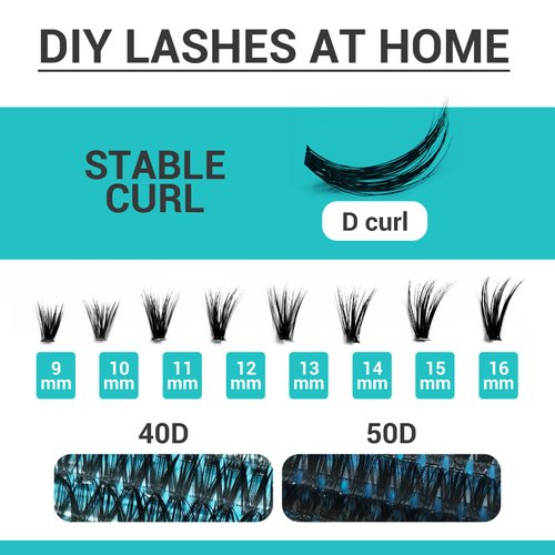 Lash Clusters DIY EyeLash Extension Kit 320PCS Individual, 0.07C Curl 9-16MIX 40D 50D Cluster Lashes Extension Kit with Applicator Lash Bond&Seal Glue Remover for Eyelash Extensions Beginners