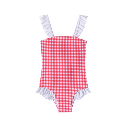 LIZENS Girls One Piece Swimwear Checker Print Ruffles Bathing Suit for Kids Size 2-12(BDG7205,7-8T) Red