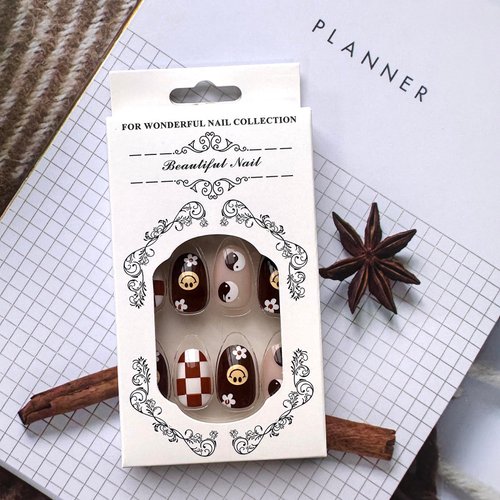 Fall Press on Nails Short Almond Fake Nails Brown French Tip False Nails with Designs Cute Flowers Hearts Acrylic Nails Full Cover Round Head Brown Glue on Nails for Women Girls Autumn Nail Art