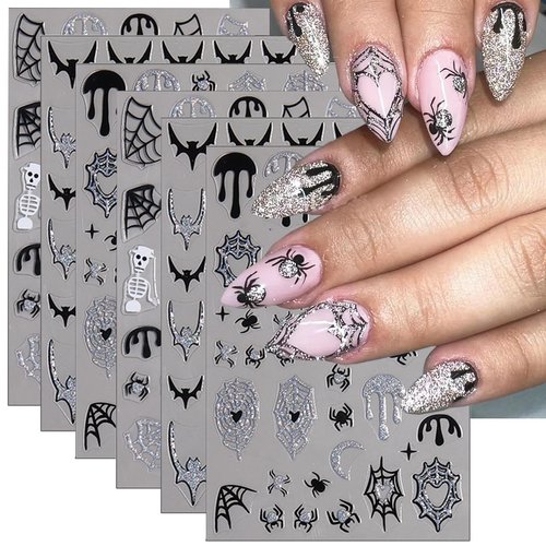 Halloween Nail Art Stickers Decals 3D Halloween Spider Web Bat Nail Stickers 6PCS Black Silver Spider Pumpkin Blood Drop Glitter Design Halloween Nails Adhesive Sliders for Women Nail Art Decorations