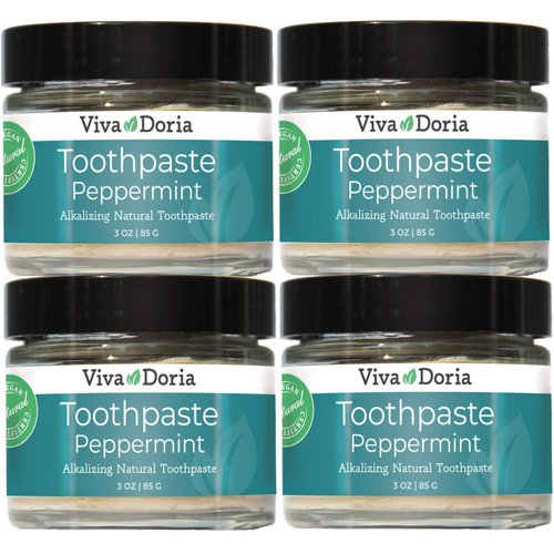 Pack of 4 Viva Doria Fluoride Free Natural Toothpaste - Peppermint (3 oz Glass jar) Refreshes Mouth, Freshens Breath, Keeps Teeth and Gum Healthy