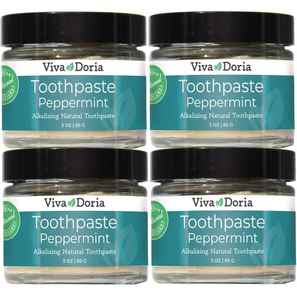 Pack of 4 Viva Doria Fluoride Free Natural Toothpaste - Peppermint (3 oz Glass jar) Refreshes Mouth, Freshens Breath, Keeps Teeth and Gum Healthy