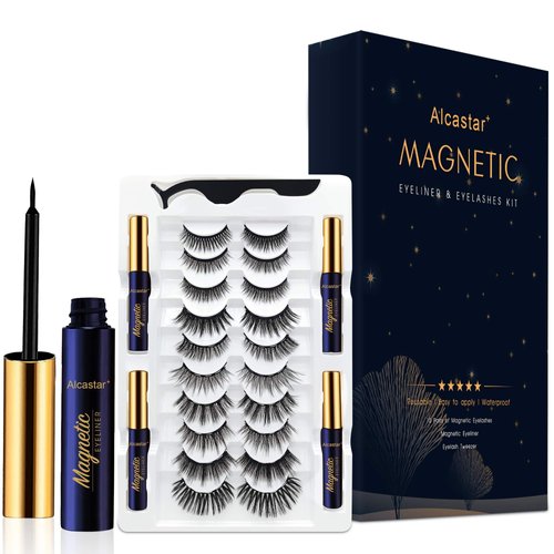Alcastar Magnetic Eyelashes,Magnetic Eyelashes Natural Look,Magnetic Eyeliner Eyelash Kit,Magnetic Lashes Mink,Waterproof, Long Lasting, Magnetic,Easy to Apply, (Kit-A4: 10 paris+4 tubes)