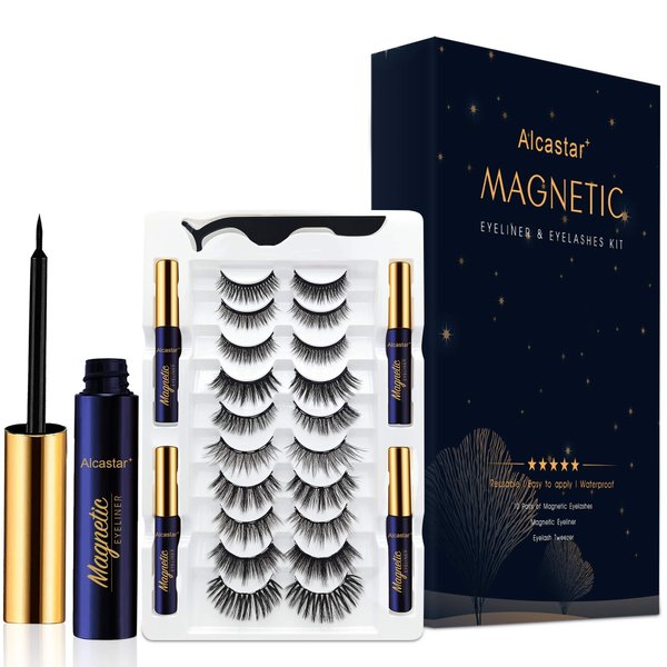 Alcastar Magnetic Eyelashes,Magnetic Eyelashes Natural Look,Magnetic Eyeliner Eyelash Kit,Magnetic Lashes Mink,Waterproof, Long Lasting, Magnetic,Easy to Apply, (Kit-A4: 10 paris+4 tubes)