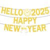 Gold Happy New Year Banner 2025 New Year Decorations Hello 2025 Banner for New Years Eve Party Supplies 2025, Pre-assembly