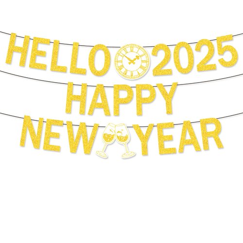Gold Happy New Year Banner 2025 New Year Decorations Hello 2025 Banner for New Years Eve Party Supplies 2025, Pre-assembly