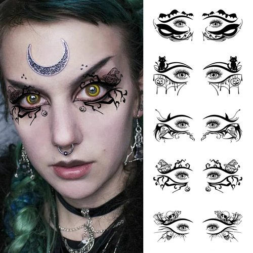 10 Pairs Halloween Eye Shadow Temporary Tattoo Stickers Waterproof Eyeliner Stickers Fake Tattoos for Women Spider Web Skull Bat Makeup Transfer Eyeshadow Stickers Face Decorations for Carnival Party