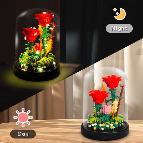Allhero Flower Bouquets Building Sets with LED String Light and Dust Cover, Rose Bouquet Building Block Gifts for Mothers Day, Valentines Day, Birthday, Anniversary, Christmas