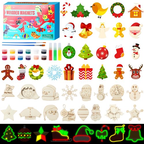 Relaxweex 48 Pcs DIY Wooden Christmas Magnets Wooden Craft Supplies Painting Kit Paint Your Own Xmas Wooden Magnets Craft for Christmas Activities Gifts Party Favors(Classic)