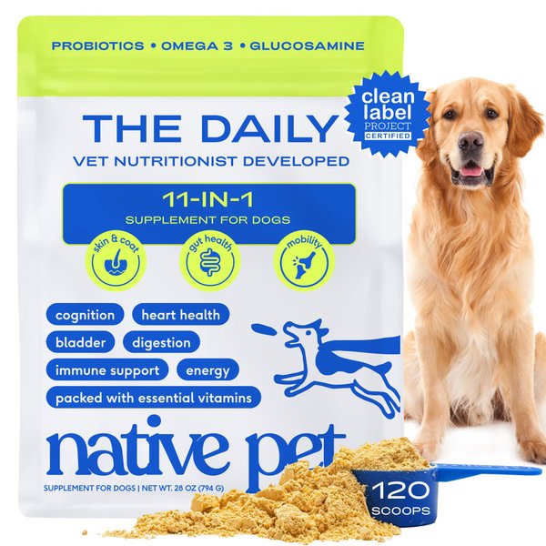 Native Pet Dog Vitamins & Supplements - 11-in-1 Multivitamin Powder for Dogs Food Topper - Collagen, Glucosamine, Probiotics, Omega & More- Supports Healthy Gut, Mobility & Overall Health -120 Scoops