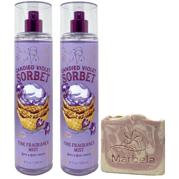 Bath & Body Works Candied Violet Sorbet - Fragrance Mist 2 Pack with a Himalayan Salts Springs Sample Soap