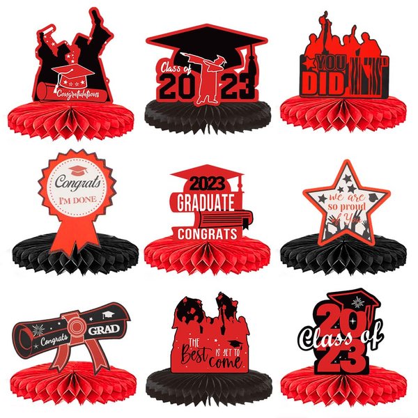 Hying 9PCS Graduation Honeycomb Centerpieces 2024 for Tables Home Party, Red Black Congratulation Graduation Party Decorations for Class of 2024 Table Toppers Centerpieces Party Favor Supplies