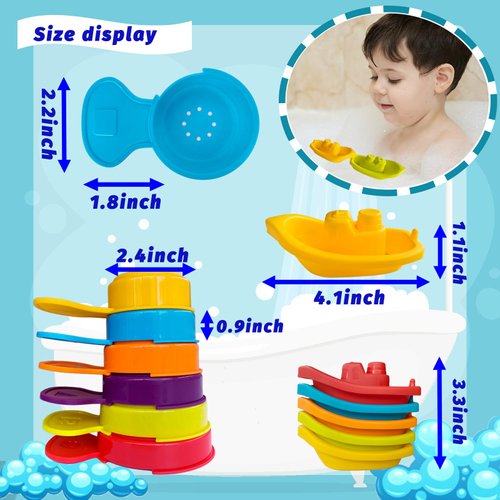 11Pcs Bath Floating Boats Bathing Spoons Toy,Stackable Bathtub Float Water Table Toys,Stacking Shower Toys for Toddlers Bath Educational Counting