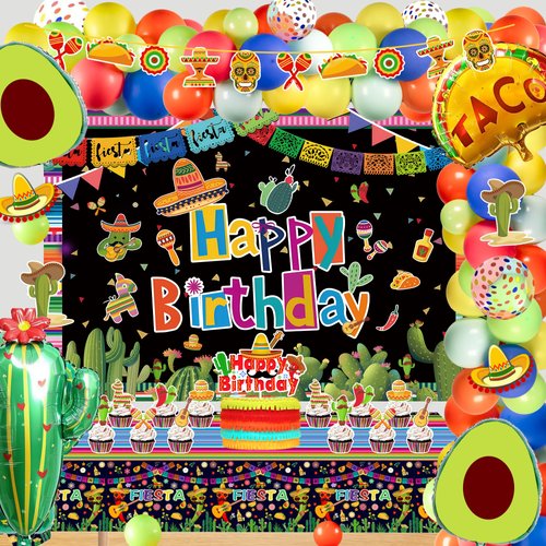 116pcs Mexican Birthday Party Decorations, Mexican Fiesta Birthday Décor Supplies, Happy Birthday Backdrop Tablecloth Banner Balloon Garland Cake Cupcake Topper Decor Cinco Taco for Birthday Party