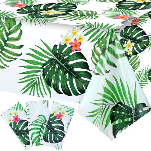 Luau Party Plastic Tablecloths Hawaiian Luau Table Cover Palm Leaves Table Cloth Birthday Bridal Shower Birthday Party Summer Pool Tropical Party Decorations, 54 x 108 Inches(3 Pieces)