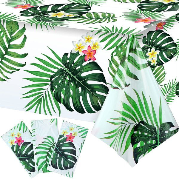 Luau Party Plastic Tablecloths Hawaiian Luau Table Cover Palm Leaves Table Cloth Birthday Bridal Shower Birthday Party Summer Pool Tropical Party Decorations, 54 x 108 Inches(3 Pieces)
