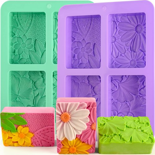 HUAKENER Silicone Soap Molds, 2 Pack 4-Cavity Rectangle Soap Mold, Flower Soap Making Molds