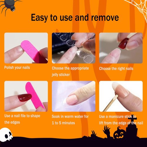 Halloween Press on Nails Short Square Purple Glitter with Ghost Designs Halloween Cute Fake Nails Full Cover Acrylic Nails for Women 24Pcs
