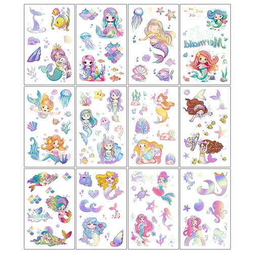 Oottati 12 Sheets Glitter Cute Temporary Tattoos Mermaid Jellyfish Fish Shell Seahorse Turtle Suit for Kids Adults