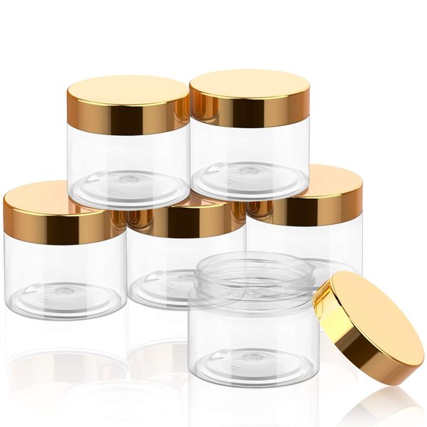 6 Pack Clear Container with Lids Small Plastic Pot Jars Wide Mouth Round Leak Proof Plastic Container Jars with Lid for Travel Storage, Eye Shadow, Nails, Paint, Jewelry (Gold,2 oz)