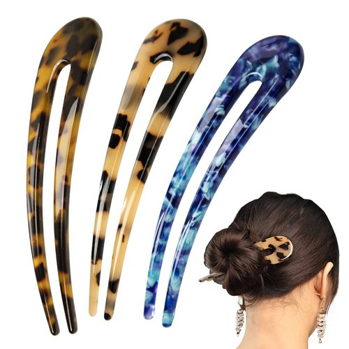 Hair Pins French Style, Aimou Hair Sticks U Shaped Hair Forks Cellulose Acetate Thin Thick Hair, Leopard Prong Updo Chignon Hairpin Hair Accessories for Women Girls