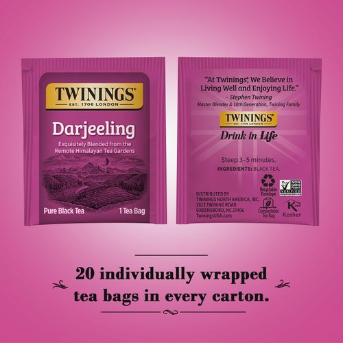 Twinings Darjeeling Tea - A Delicate, Dry Black Tea, Sophisticated Coffee Alternative with Less Caffeine, Individually Wrapped Tea Bags, 20 Count (Pack of 2)