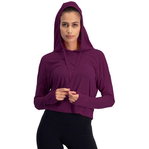 Three Sixty Six Dry Fit Crop Tops for Women - Long Sleeve Crop Top Hoodie - Women's Workout Pullover Top with Thumb Holes Potent Purple