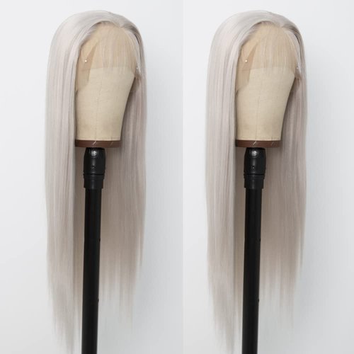 KINCYDU Grey Straight Wigs Long Grey Straight Lace Front Wig for Black Women Glueless Wigs Pre Plucked with Baby Hair 150% Density Synthetic Wig Heat Resistant Fiber Hair for Daily Party (24inches)