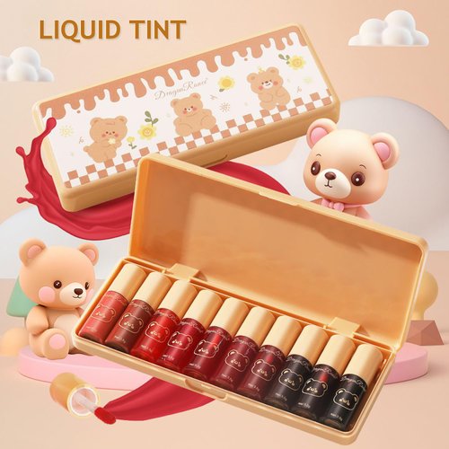 10 Colors Liquid Tint Stain Set, Korean Lip Gloss Moisturizing Natural Mini Liquid Lipstick, Long-Lasting & Non-Stick Cup, Multi-Use Lip and Cheek Tint Stain