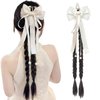 BASEMMAHER Braided Ponytail Extensions Hair Clips for Women White Bow Hair Claw Clip With Long Tail Beads Braids Ribbon Bowknot Hairpins Natural Fake Ponytail Synthetic Hairpieces Hair Accessories