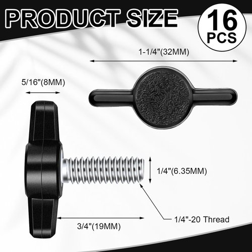 Tandefio 16 Pcs Stainless Steel Thumb Screw 1/4" - 20 x 3/4" Thread Thumbscrew Adjustable Tee Wing Screw Black Wing Knob Bolt for Remove Replace Hand Clamping Tightening Knob Power Supply