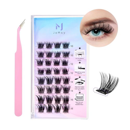 JoMay Self Adhesive Eyelashes Press On Lashes D Curl Lash Clusters Natural No Glue Eyelashes Clear Self Adhesive Strips Extension Kit 32PCS 1 Step DIY Lash Easy to Apply 10-16mm (G02, D-10-16mm)