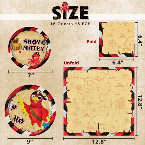 WERNNSAI Pirate Party Supplies - 48 PCS Treasure Map Party Plates and Napkins Disposable Party Supplies Bundles Treasure Pirate Dinner Dessert Cake Plates Napkins for Kids Birthday Serves 16 Guests