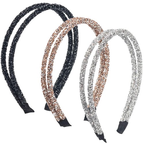 PAGOW 3pcs Double Crystal Side Hair Band, Rhinestone Diamond Vintage Turban Thin Hair Bands Hair Hoops Accessories for Women Girls (Black + Silver + Champagne)