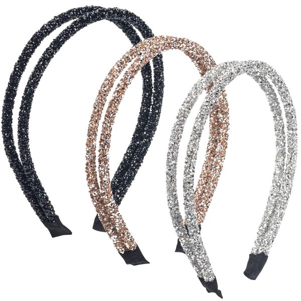 PAGOW 3pcs Double Crystal Side Hair Band, Rhinestone Diamond Vintage Turban Thin Hair Bands Hair Hoops Accessories for Women Girls (Black + Silver + Champagne)