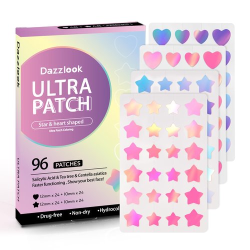 Dazzlook Star Acne Patch with Salicylic Acid Tea Tree Oil & Centella Asiatica, Hydrocolloid Pimple Stickers Iridescent Colors 96 Pcs 2 Sizes, Cute Star Heart Shaped Zits Blemishes Breakouts Patches