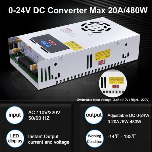 IMAYCC Adjustable Power Supply with LED Display - 110V AC to 24V DC Converter 480W 20A