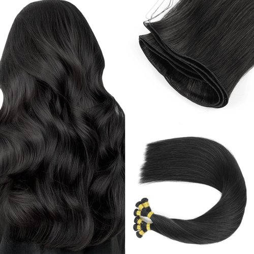 ABH AMAZINGBEAUTY HAIR Sew in Hand Tied Weft Hair Extensions, Weft Hair Extensions Bundle Real Hair Invisible Hair-piece Remy Human Hair, Weft Extensions for Women Jet Black Color 1, 50 Gram, 20 Inch
