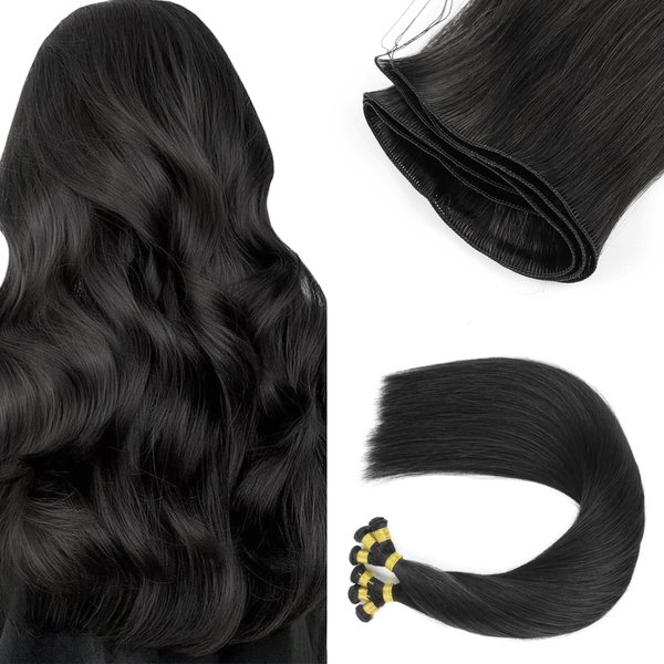 ABH AMAZINGBEAUTY HAIR Sew in Hand Tied Weft Hair Extensions, Weft Hair Extensions Bundle Real Hair Invisible Hair-piece Remy Human Hair, Weft Extensions for Women Jet Black Color 1, 50 Gram, 20 Inch