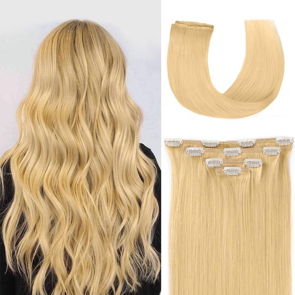 18" Clip in Hair Extensions Remy Human Hair for Women - Silky Straight Human Hair Clip in Extensions 60grams 4pieces Bleach Blonde #613 Color