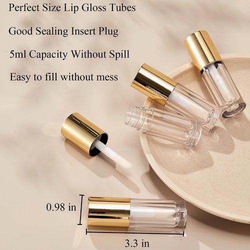 Qeuly 6ml Empty Lip Gloss Tubes, Clear Mini Lip Gloss Tubes, Lip Balm Tubes Containers with Lip Gloss Applicator Wands for Women Girls DIY Makeup Lipgloss Making Kit (D25xH86mm) (Golden)