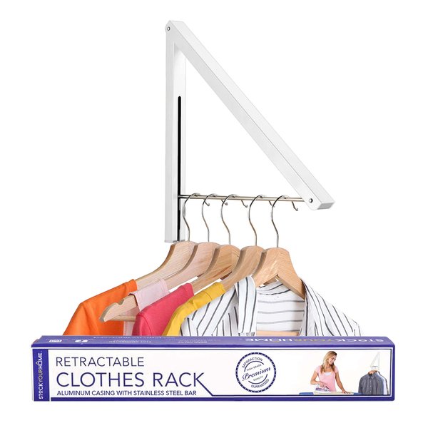 Single Foldable Clothing Rack, Wall-Mounted Retractable Clothes Hanger for Laundry Dryer Room, Hanging Drying Rod, Small Collapsible Folding Garment Racks, Dorm Accessories (White)